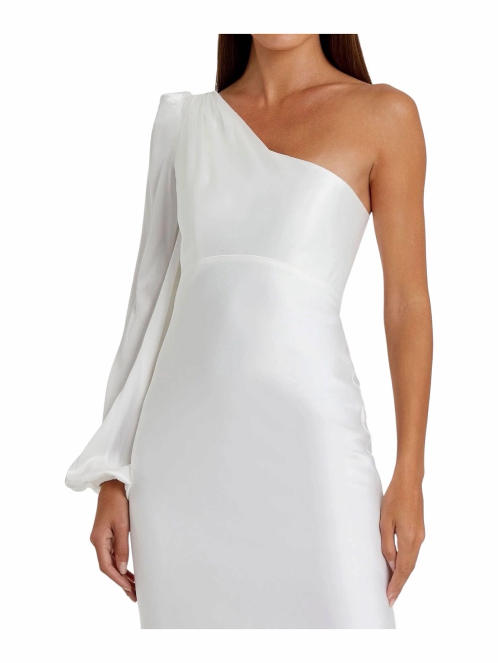 Mac Duggal White One-Shoulder Satin Gown with Dramatic Bishop Sleeve